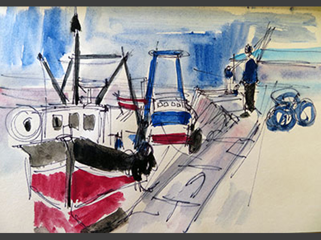 8-C64-p35-Aquarelle_Bateaux-au-port-d'Erquy_1982_24x15,5