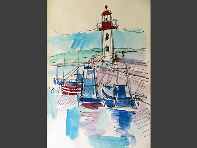 9-C64-p36-Aquarelle_Port-et-phare-d'Erquy_1982_15,5x24