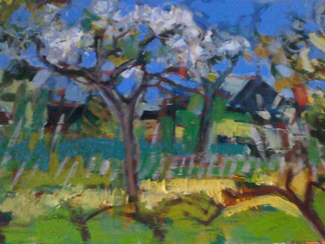 14-N128_Montreuil-sur-Maine-Cerisiers en fleurs 1985-Huile 80x40 signé