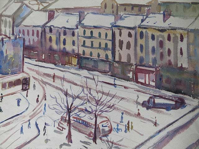 5-N584_La rue Plantagenêt sous la neige-Angers_1951_Aquarelle 50x32