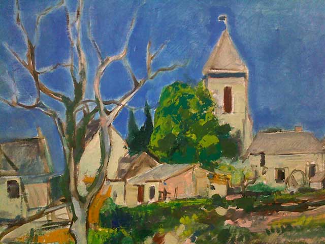 7-N123_Eglise de Bessé-Le Thoureil 1960- Huile 60x50 signé